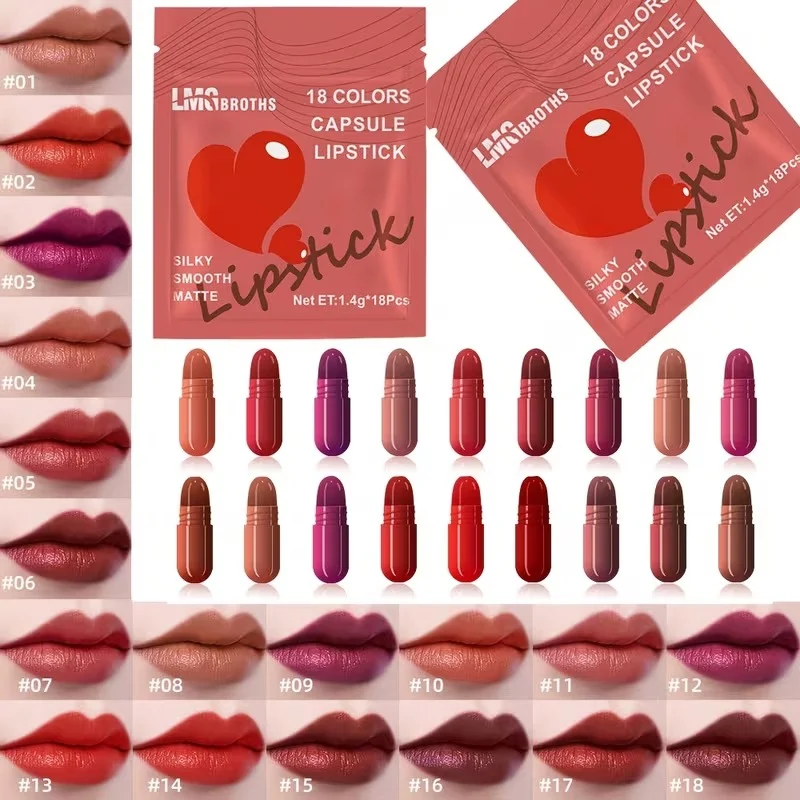 LMG Broths 18 Capsule Lipsticks Pack Silky Smooth Matte Mini Capsule Lipsticks | Long Lasting Waterproof Velvet Finish | 18 Shades Lip Makeup Collection