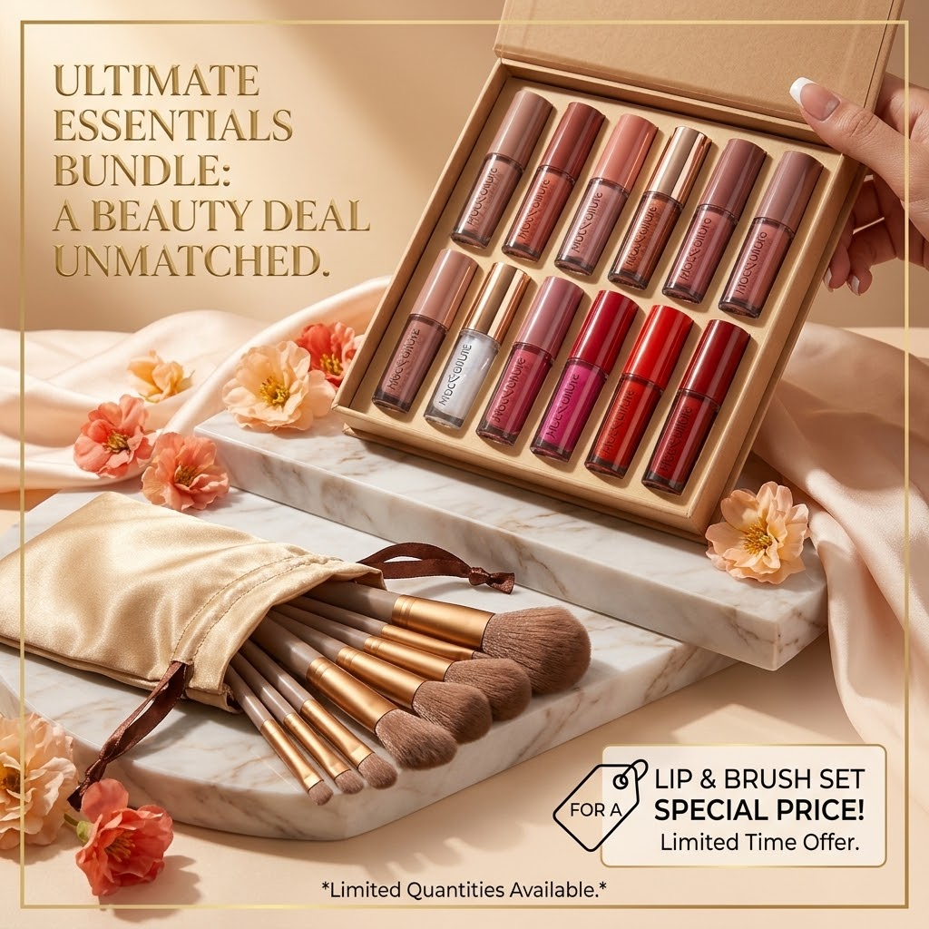 The Glam Combo: 12 Pcs Lip Gloss Vault + Makeup Brush Set with Silk Pouch