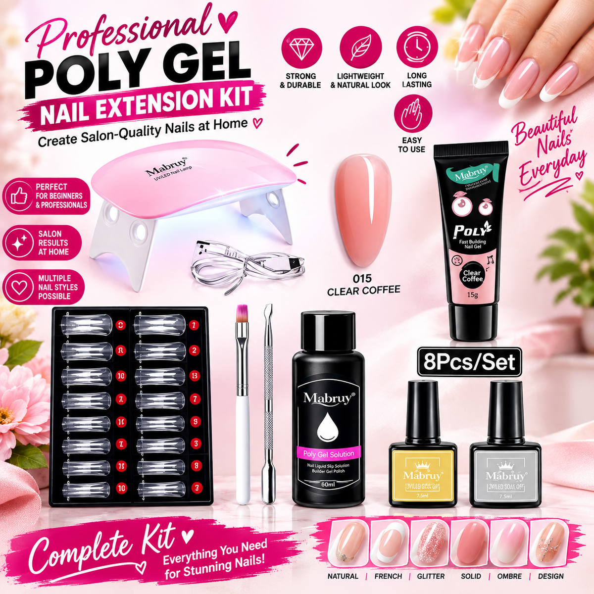 8Pcs/Set Nail Art UV Quick Extension Nail Kit Glitter Poly UV Builder Gel Nail Tip Color Nail Tip French Nail Tip Form DIY Manicure Tool Set