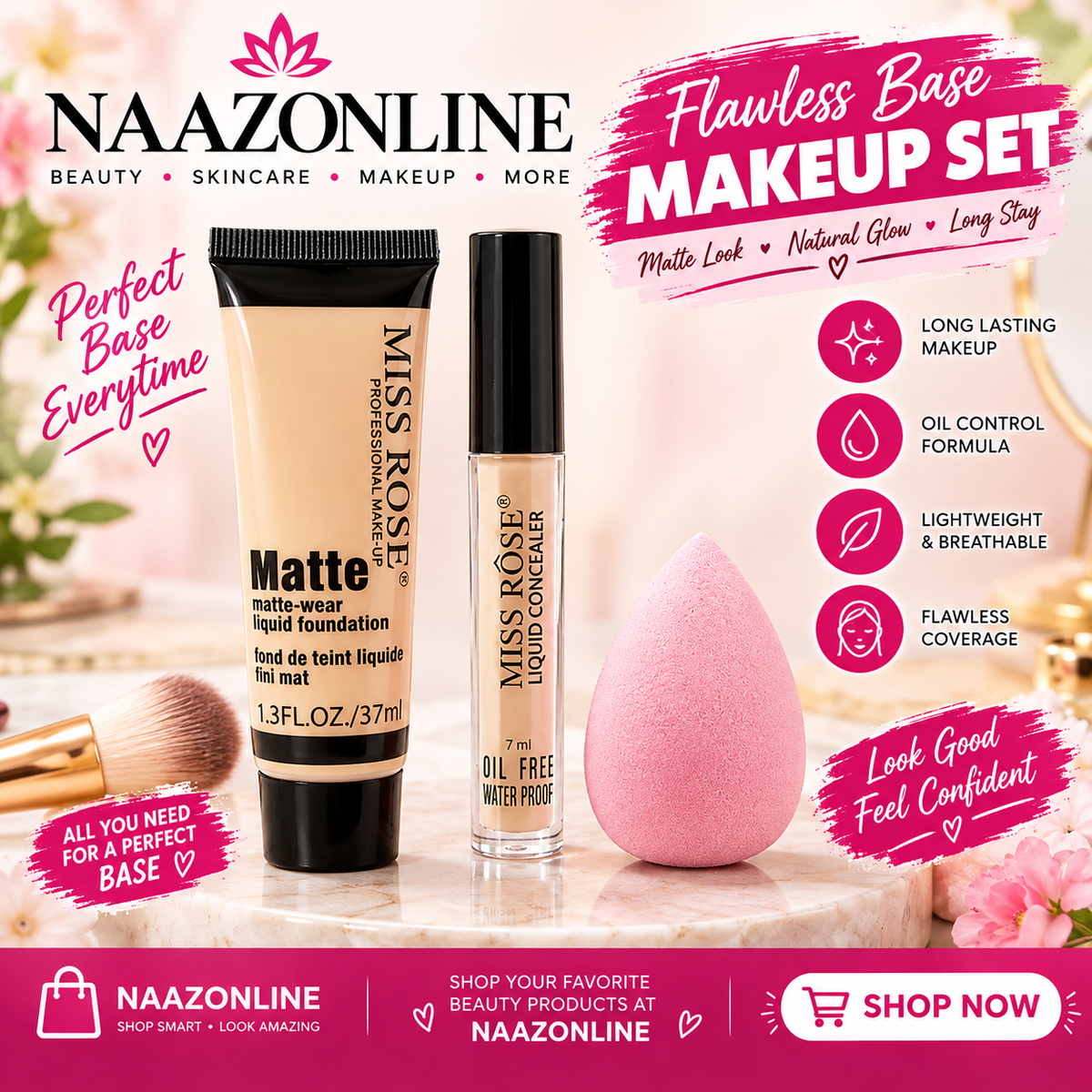 MISS ROSE Concealer , Matte Foundation And Blender - 3 Pcs Set