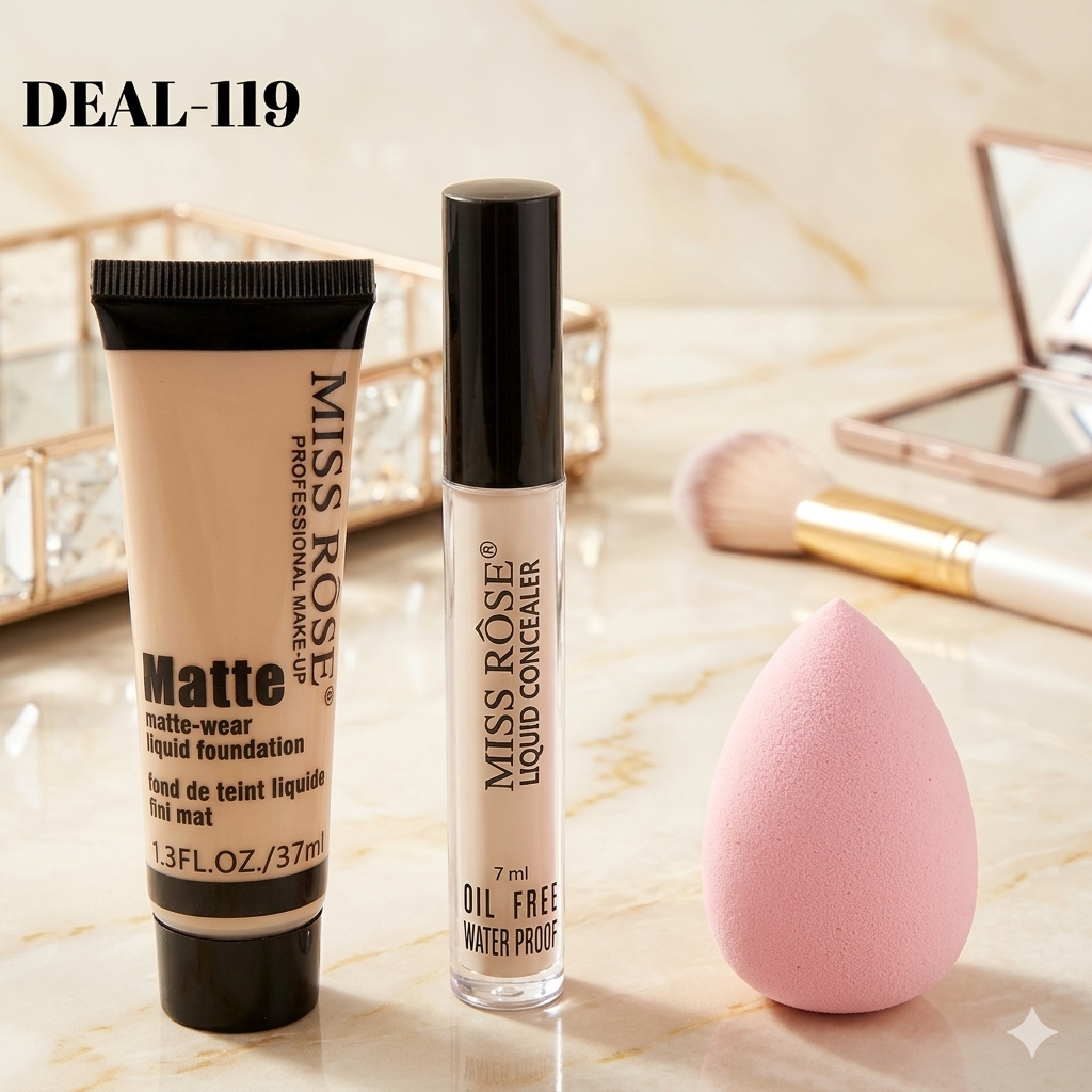 MISS ROSE Concealer , Matte Foundation And Blender - 3 Pcs Set