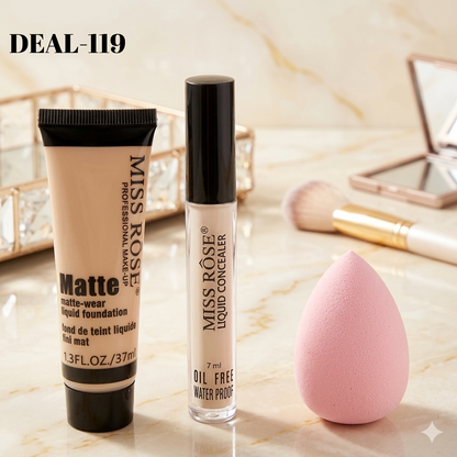 MISS ROSE Concealer , Matte Foundation And Blender - 3 Pcs Set