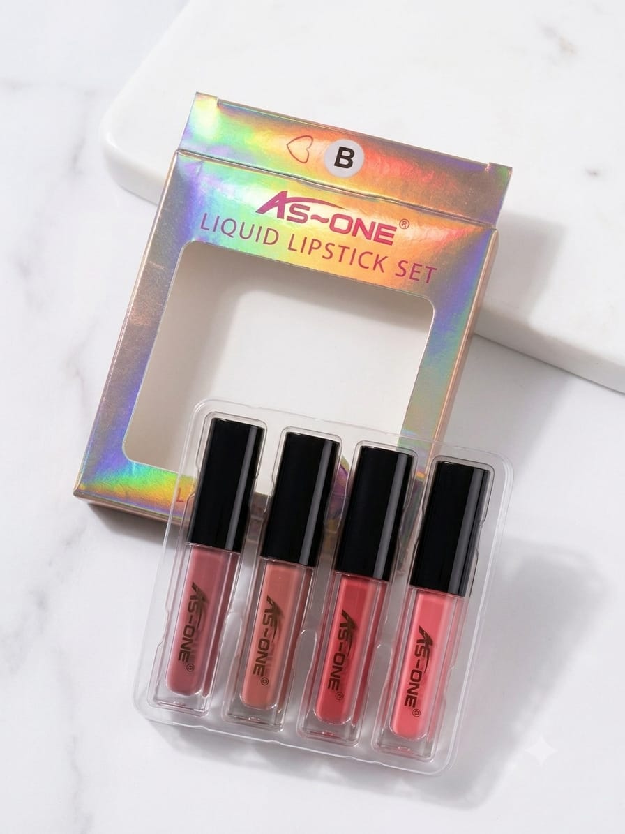 AS-ONE 4-Piece Mini Liquid Lipstick Gift Set – Long-Wear Matte Lip Gloss Collection (Sets A & B)
