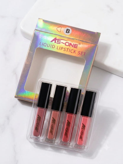 AS-ONE 4-Piece Mini Liquid Lipstick Gift Set – Long-Wear Matte Lip Gloss Collection (Sets A & B)