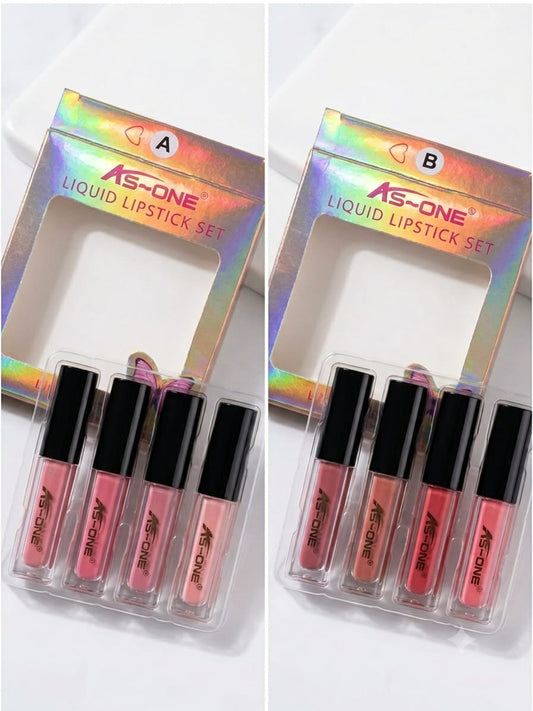 AS-ONE 4-Piece Mini Liquid Lipstick Gift Set – Long-Wear Matte Lip Gloss Collection (Sets A & B)