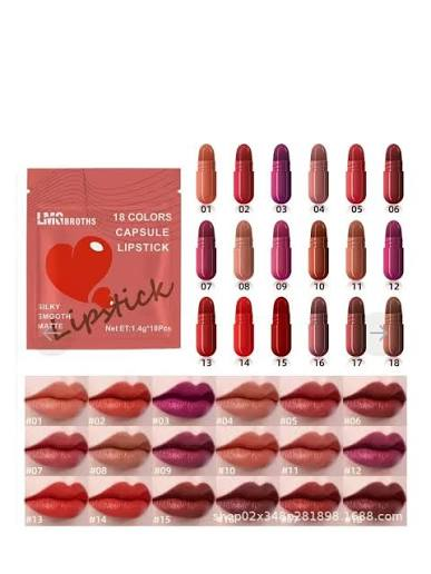 LMG Broths 18 Capsule Lipsticks Pack Silky Smooth Matte Mini Capsule Lipsticks | Long Lasting Waterproof Velvet Finish | 18 Shades Lip Makeup Collection